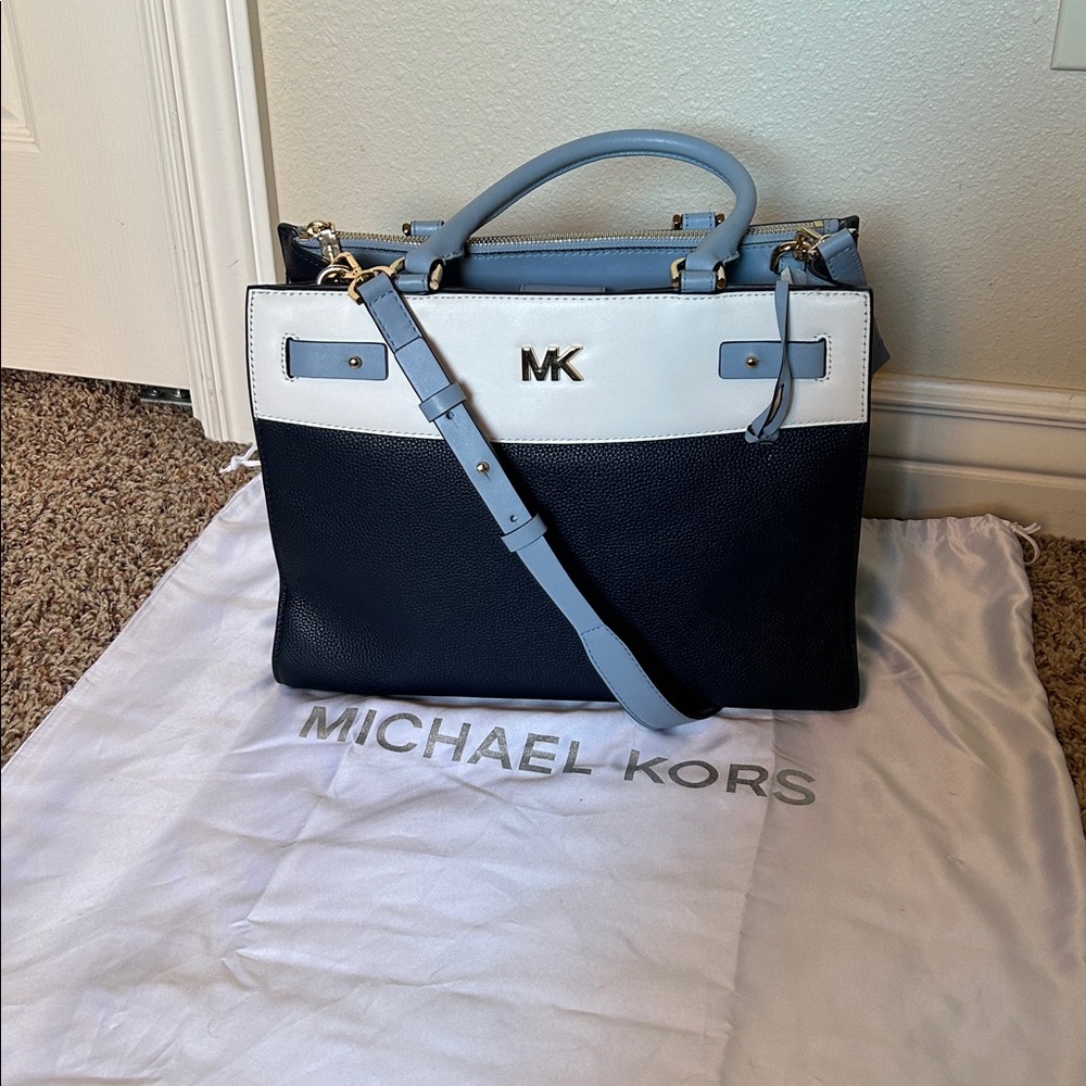 Michael Kors Reagan Dark Blue/Light Blue/White Satchel